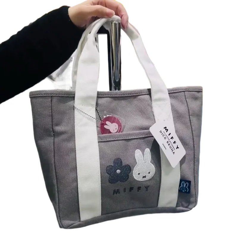 2025 New Japanese Miffy Rabbit Embroidery Series Canvas Bag Kawaii Large Capacity Handbag Student Office Bento Storage Bag