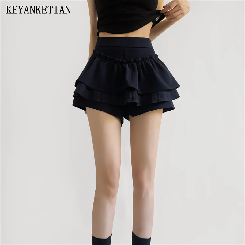 KEYANKETIAN Summer New Women's Clothing With Black Fungus Lace, High Waist, Side Zipper, Layered Fluffy Skirt And Pants Women