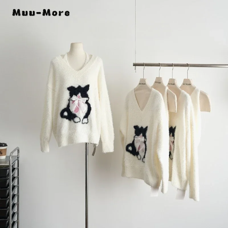 

2023 Winter Y2K Knitting Long Sleeve 3D Bow Pullovers Korean Fashion Women's Sweet Jumpers Casual V-Neck Ladies Sweater Top