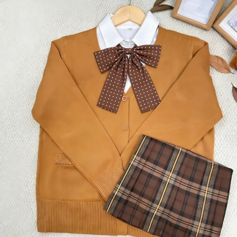 

2XL-8XL Long Sleeves Bow Tie Knitted Sweater Cardigan Skirt Cosplay College Commute JK Uniform Sissy CD TS School Uniformr Set
