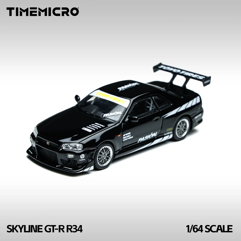 Time Micro 1/64 Skyline GT-R34 Black/Purple Sports Car Diecast Model Car Metal Chassis Acrylic Display Collection Ornaments