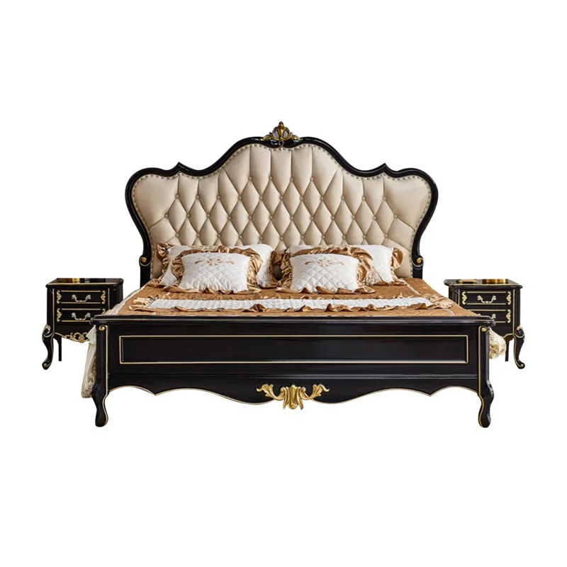 

European solid wood double master bedroom princess bed storage oak carving with soft against ebony bed
