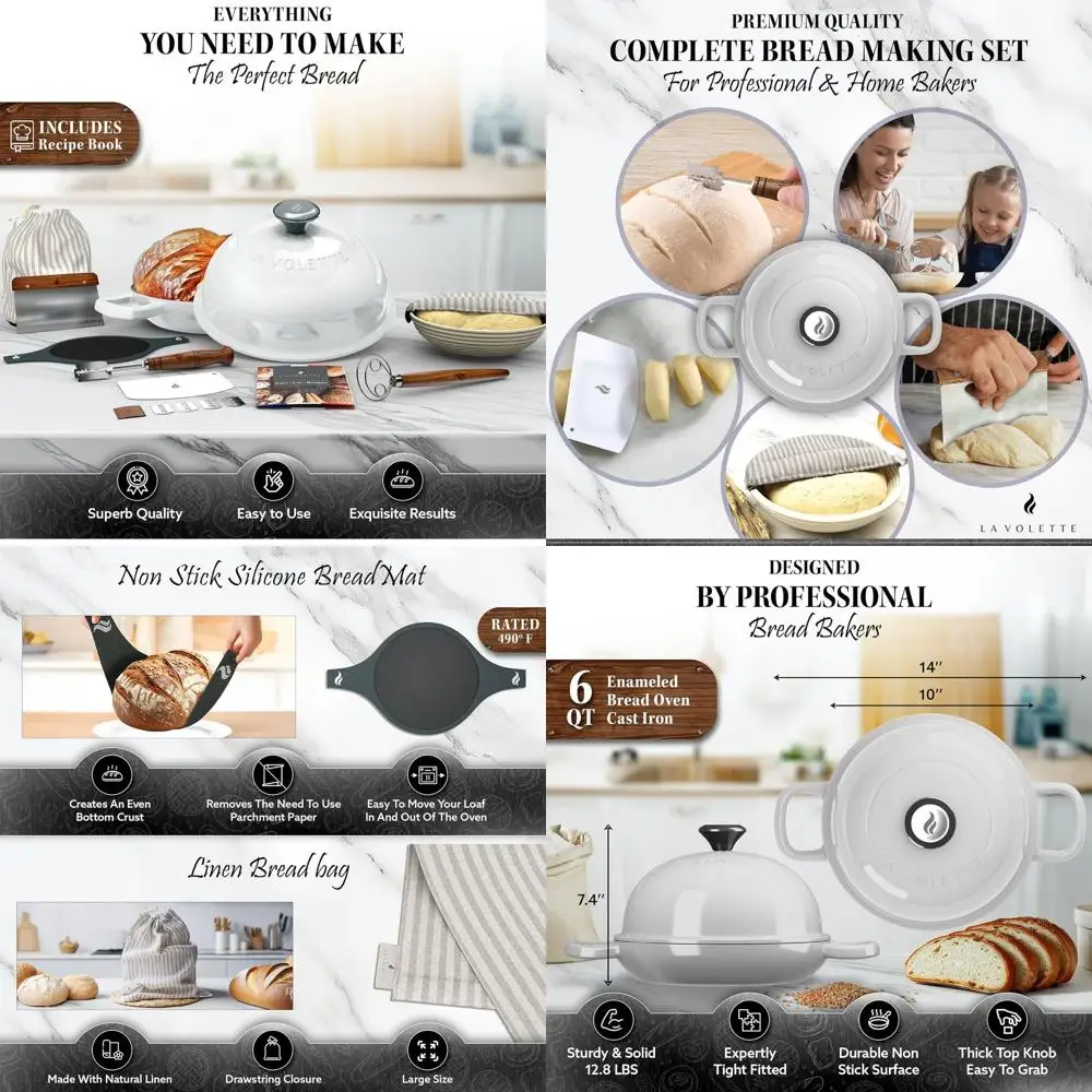 

9-Piece Enamel Cast Iron Bread Baking Set with Lid, 10 Oven, Silicone Mat & Banneton, White