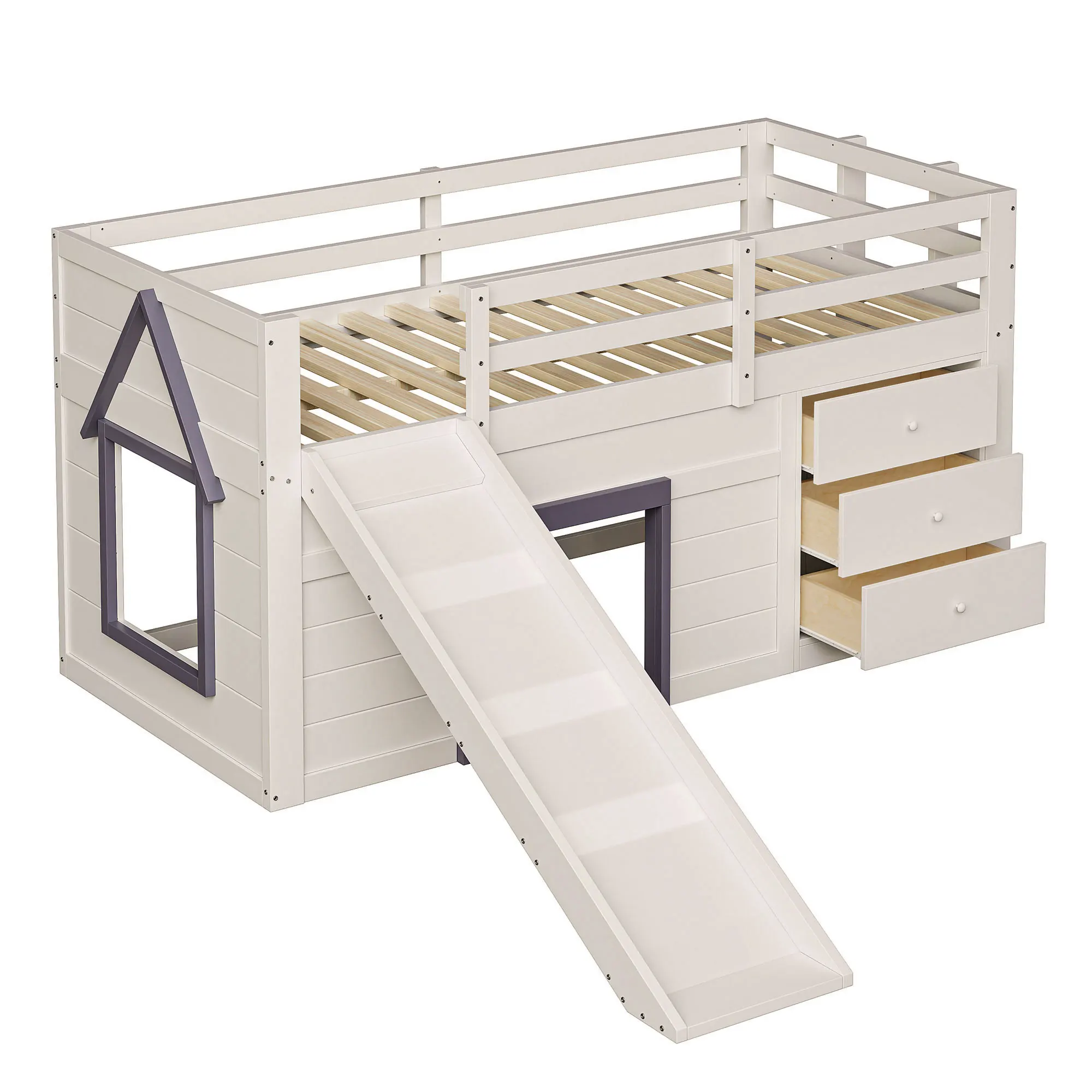 Okwish hoogslaper 90x200 met glijbaan, lades, crèmekleurig - afbeelding 2