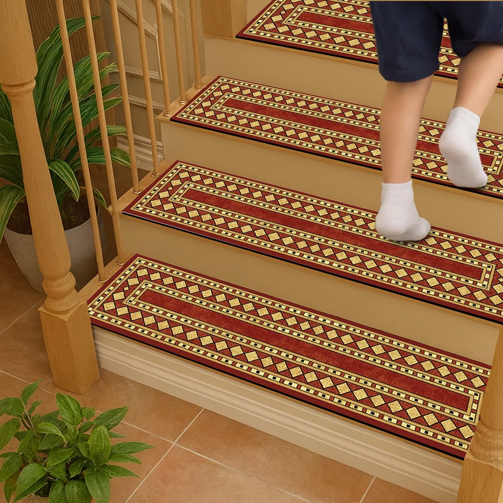 VIKAMA Stair Tread Carpet Anti-Slip Steps Pet Safety Red Classical Frame Vintage Pattern Non-Adhesive Washable Non-Greasy Mat