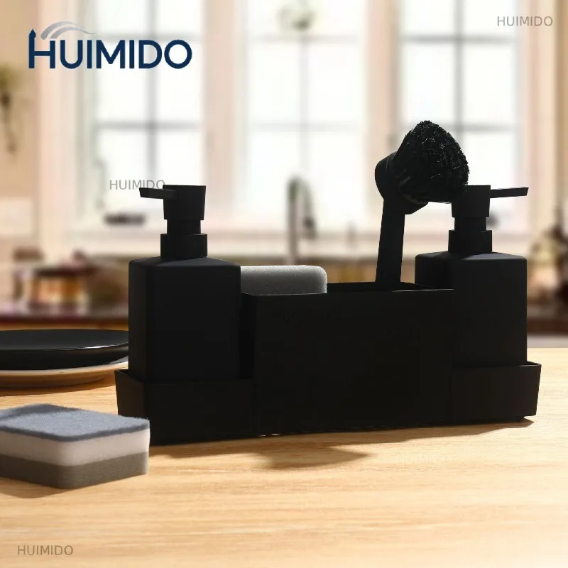 Kitchen Soap Dispenser with Sponge Holder Set for Sink Caddy for Hand Washing and Dishwashing Bottle with Tray Brush Matte Black