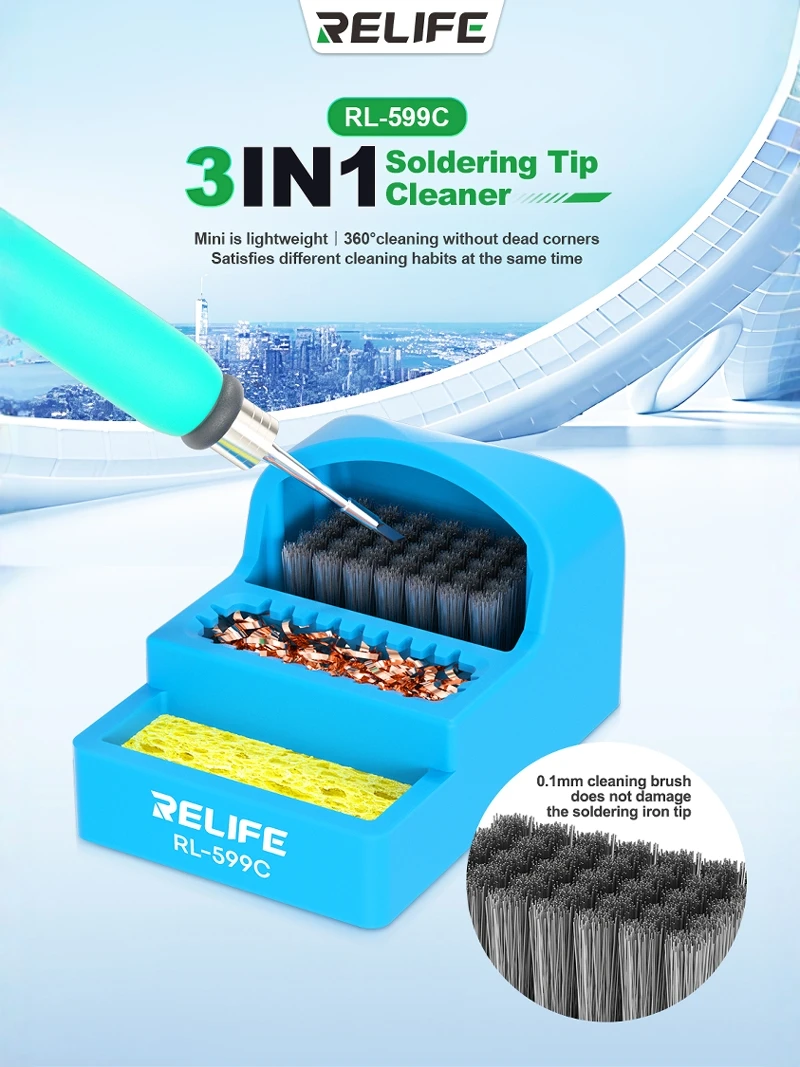 RELIFE RL-599C Mini Soldering Tip Cleaning Tool 360° Cleaning Without Dead Corners Welding Head Cleaning Steel Brush Sponge