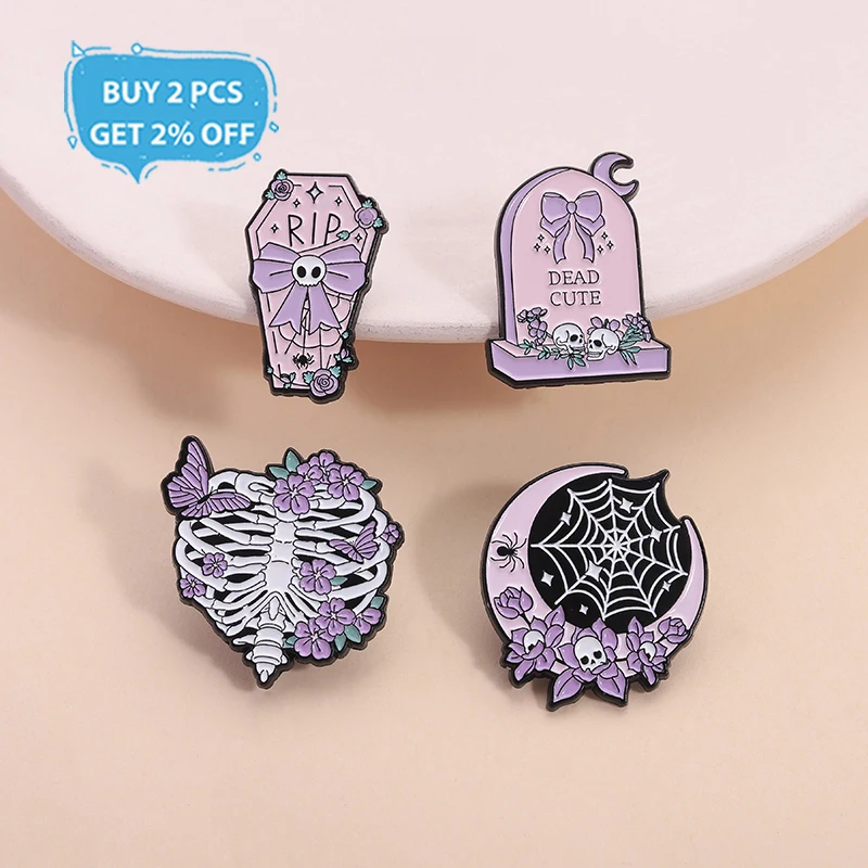 Halloween Coffin RIP Bowknot Enamel Pin Witchy Moon Spider Web Spooky Brooches Lapel Badge Jewelry Accessories Gifts for Friends