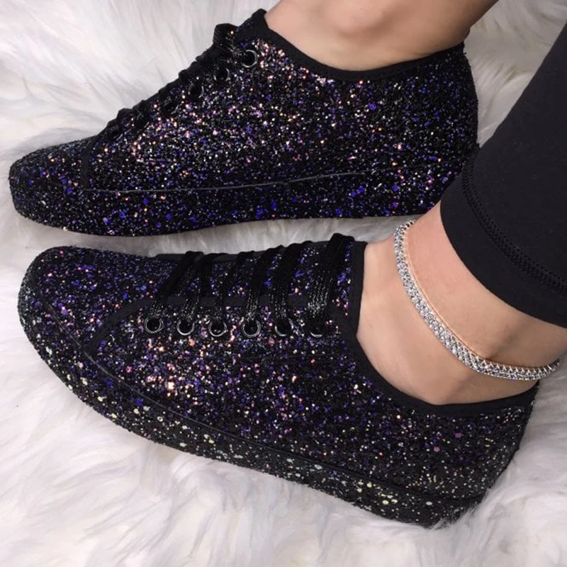 2024 Women Lace Up Sneakers Glitter Autumn Flat Vulcanized Ladies Bling Casual Female Fashion Platform Fashion Flat Shoes New