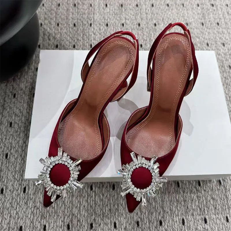 

2025 New High heels Shoes For Women Satin Pointed Toe Runway Shoes Woman Crystal Party Pumps Summer Sandals Woman