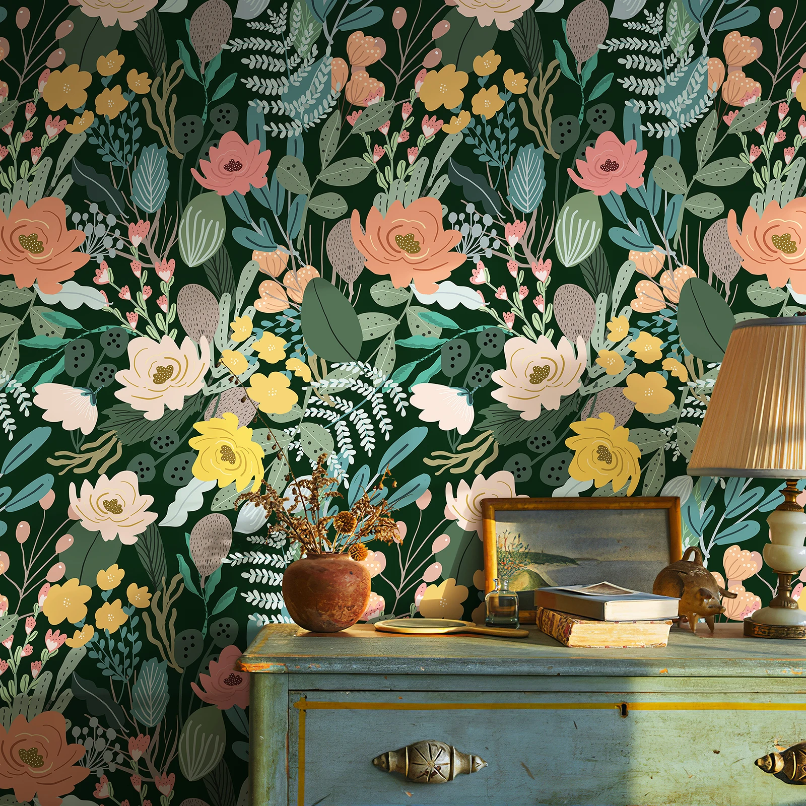 Folhas Verdes Rosa Floral PVC Papel de Parede, Casca e Vara, Impermeável, Decoração de Casa, Móveis Auto-Adesivos