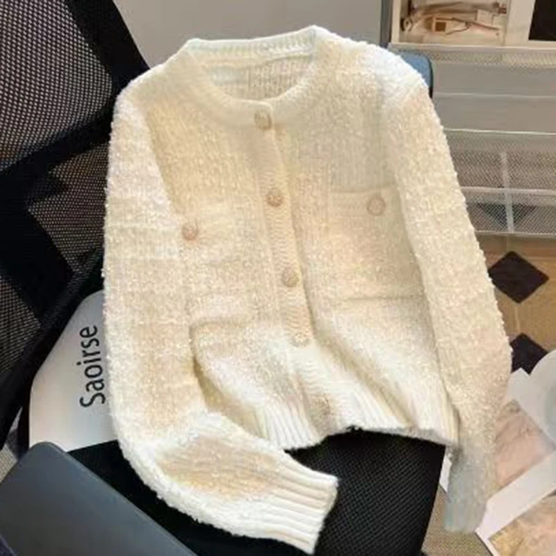 Women Single Breasted Round Neck Cardigan 2025 Autumn Winter Korean Fashion Womens Clothing Long Sleeve Thick Sweater Female