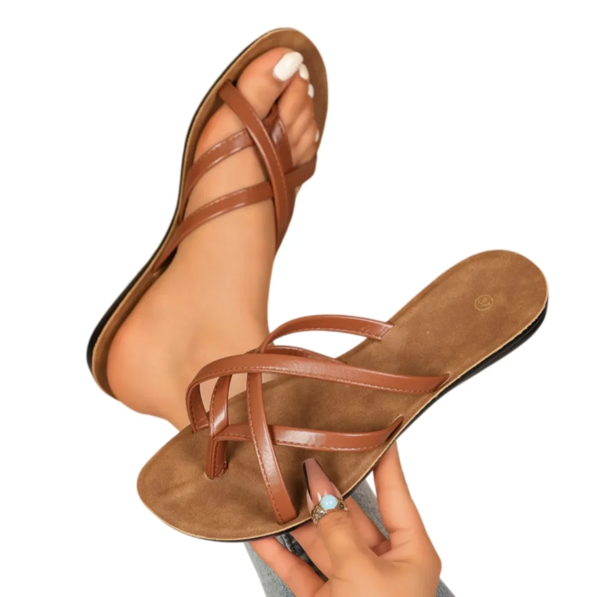 Sommerliche neue runde, flache, bequeme Freizeit-Slipper, modische und sexy, heiß begehrte Zehensteg-Slipper für Damen – Detail 3