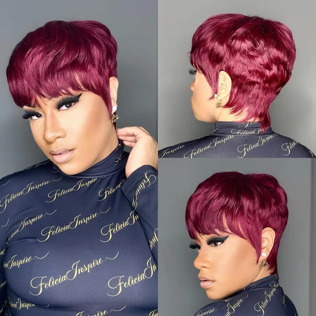 Peruka z ludzkich włosów dla kobiet, krótka, prosta, w kolorze różowej czerwieni, typu pixie cut, wykonana w całości maszynowo, z warstwowymi grzywkami.