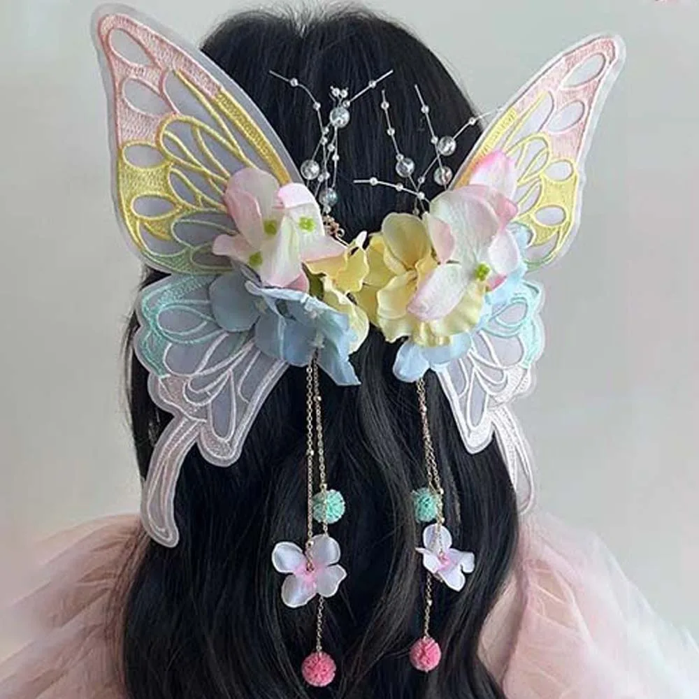 

Princess Headband Sweet Butterfly Fairy Hair Hoop Kawaii Ribbon Big Butterfly Wing Hairpins Mesh Pearl Elf Ear Headband Party