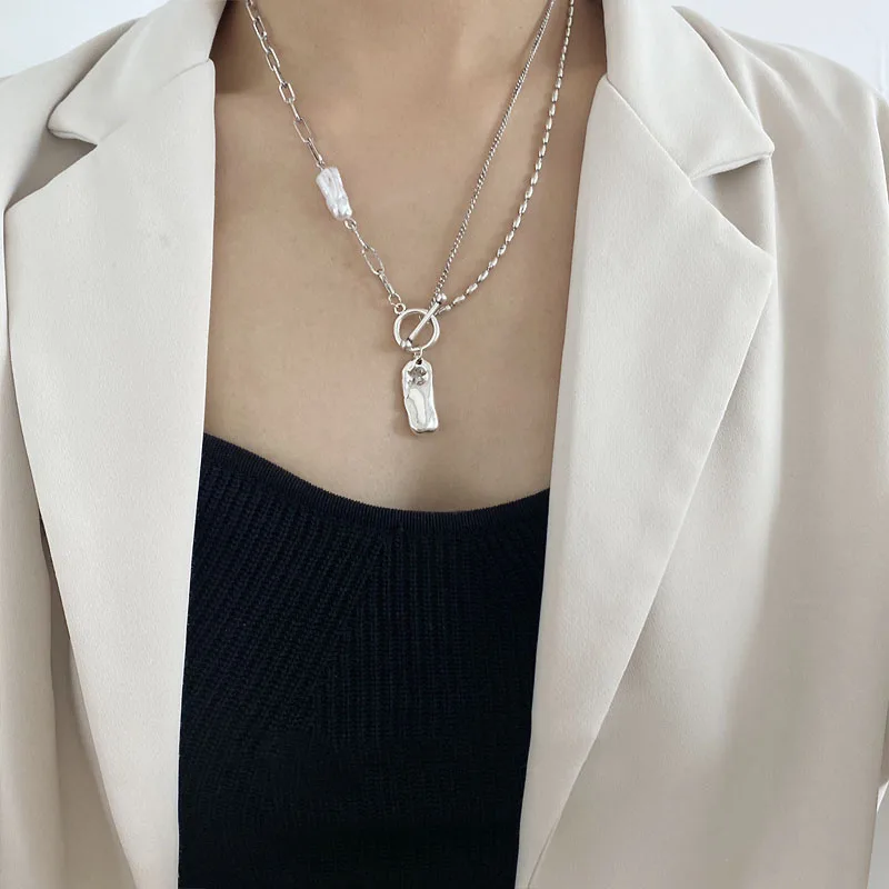 ENSHIR غير النظامية مربع تقليد اللؤلؤ OT مشبك قلادة للنساء خمر حفلة المجوهرات الفرنسية #5