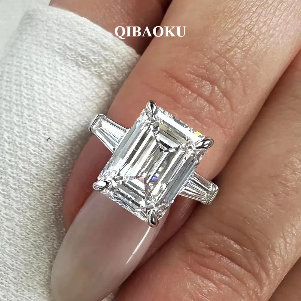 QIBAOKU 4.5Carat Emerald Moissanite Ring S925 Sterling Silver Tapered Baguette Side Stone for Women Engagement Band Jewelry 2026