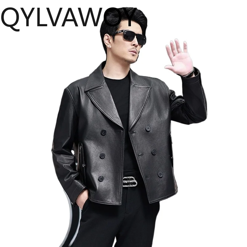 QYLVAWOY Real Leather Jacket Black Cowhide Jackets Stylish Notched Lapel Jackets for Man Coat New Spring Autumn Jaqueta De Couro
