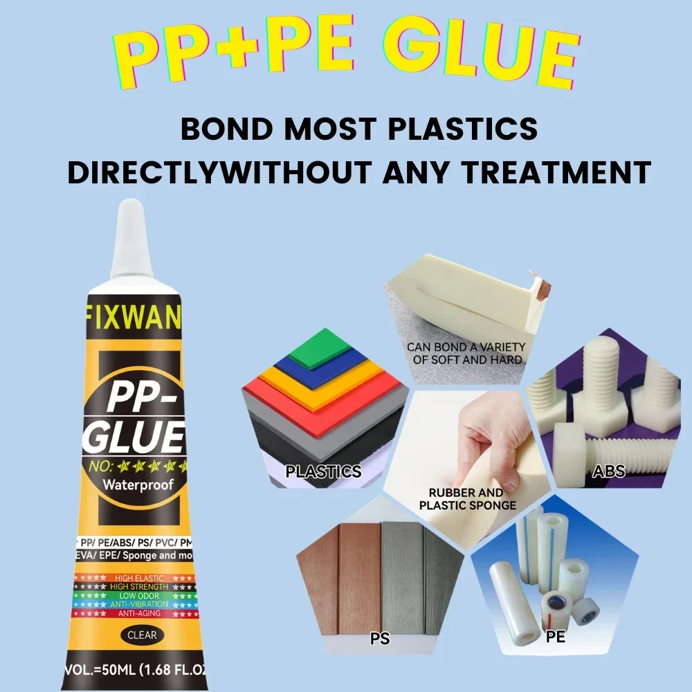 

PP Polypropylene/ PE Polyethylene PPT / PC Polycarbonate/ TPE/ TPU/ ACRYLIC/ ABS Special Glue for Plastic Without Treatment 50ML