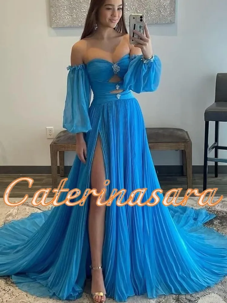 Off The Shoulder Prom Dresses Long Puffy Sleeve Ball Gown for Women Chiffon Evening Party Gowns with Slit