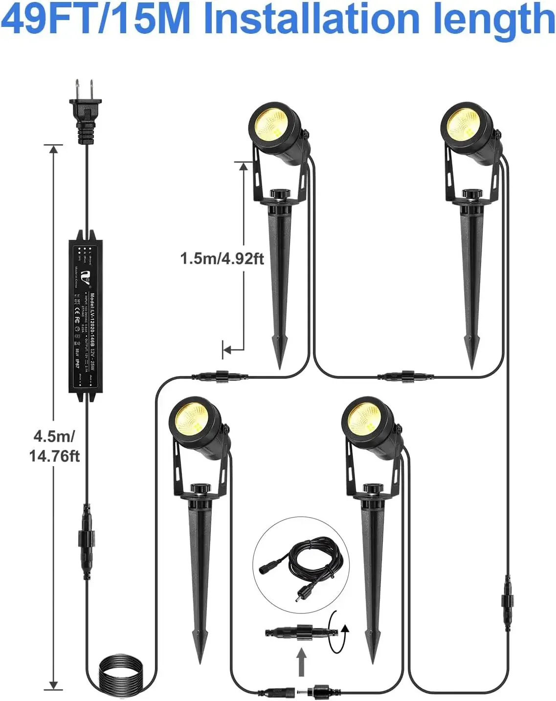 Landscape Lights 4-6 Pack, Spotlight Outdoor with 12V Transformer, Waterproof Plug in Spot Lights for Lawn, Tree, Flags, Garden