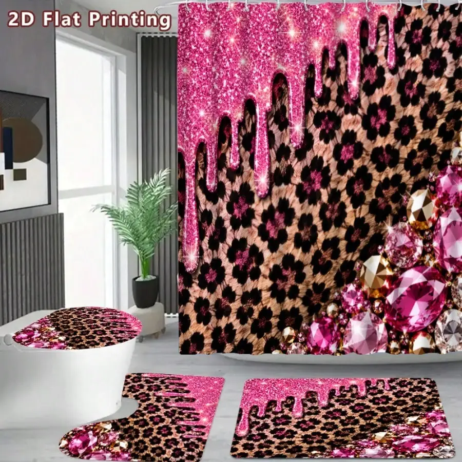 4Pcs Pink Glitter Drip Leopard Print Shower Curtain Set, Sparkle Crystal Diamond Pattern Bathroom Decor, Non-Slip Bath Mat,