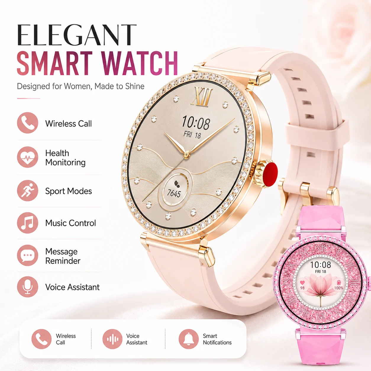 LAXASFIT Smartwatch für Frauen, Perioden-Tracker, Herzfrequenz- und Schlafmonitor, NFC, Bluetooth-Anruf, Fitness-Tracker, Schmuck, Sportgeschenk