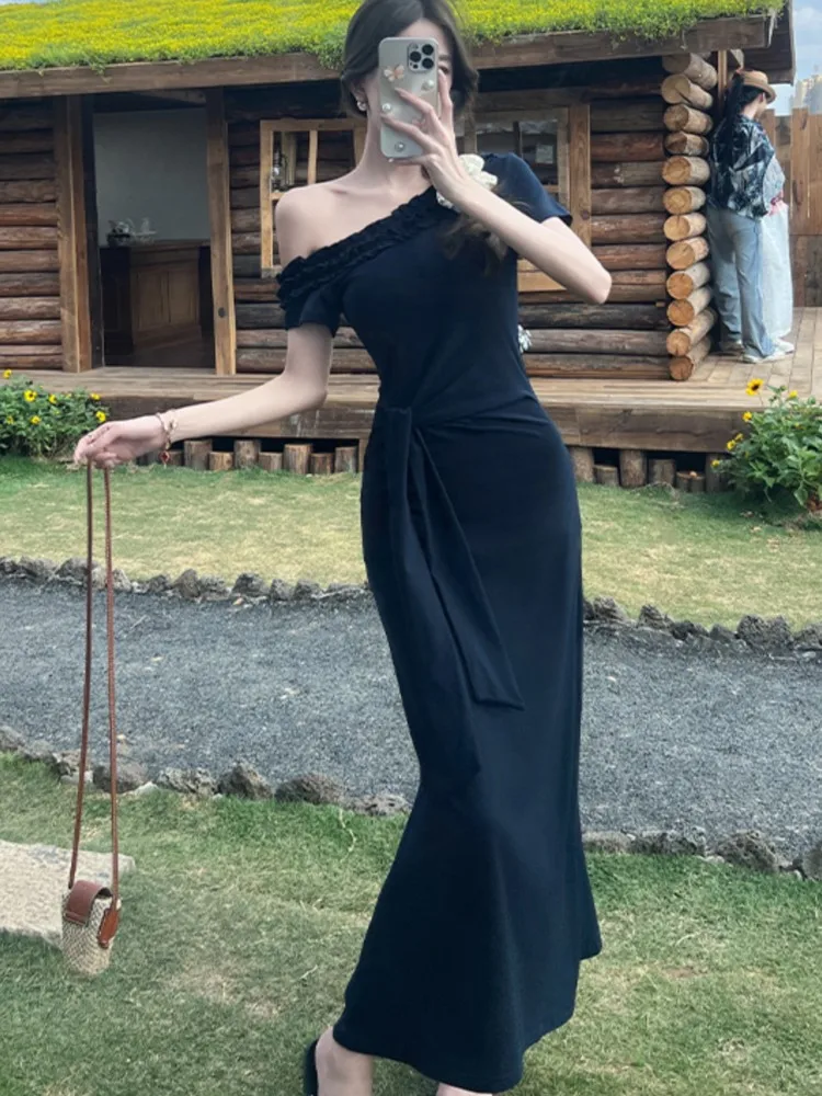 

Women Fall Sexy Elegant Evening Party Dresses Korean Long Sleeves Sloping Off Shoulder Dress Ladies Female Clothes Vestidos New