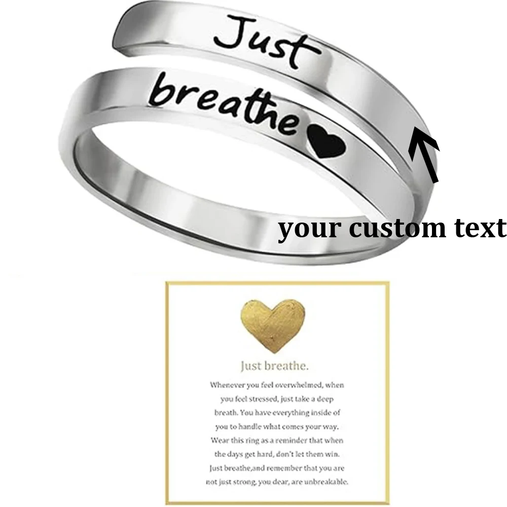 

Customizable Stainless Steel Ring Just Breathe Ring Spiral Wrap Healing Rings, Inspirational Gifts with Message Card Box