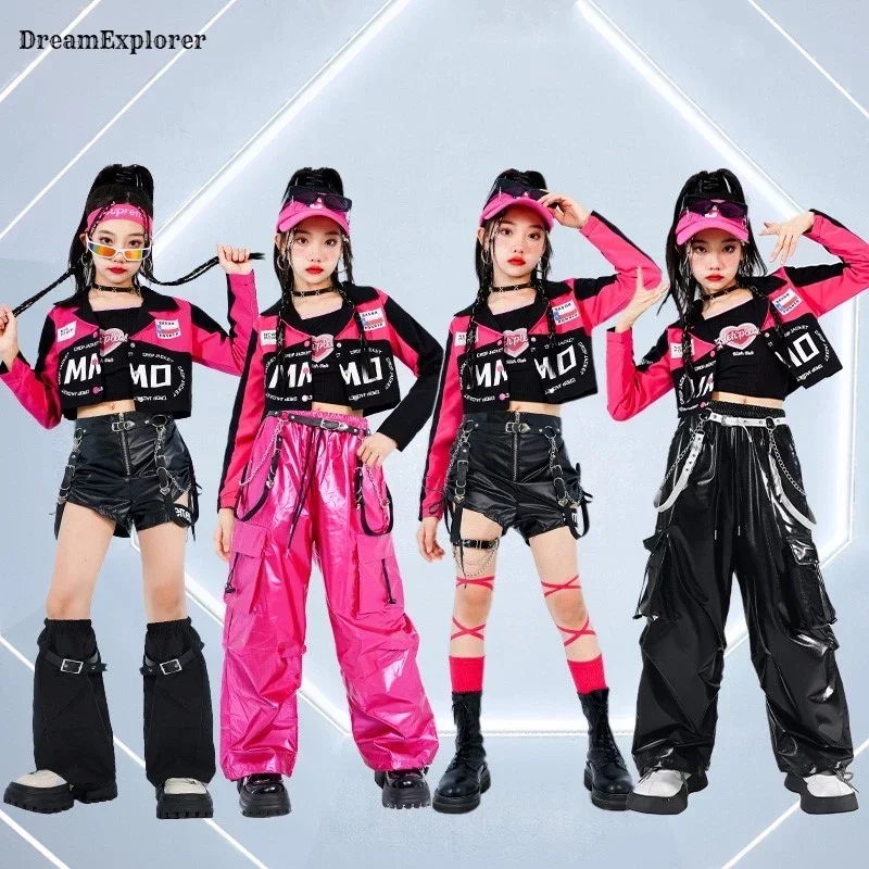 Girls K-pop Crop Motorcycle Jacket Leather Shiny Cargo Pants Kids Hip Hop Street Dance Shorts Clothes Sets Child Jazz Streetwear