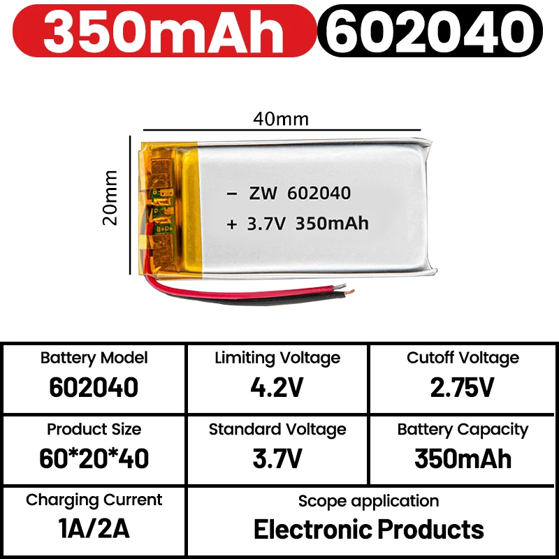 

3.7v 350mAh 602040 polymer lithium battery, suitable for charging dashcams, toys, Bluetooth speakers, and other lithium batterie