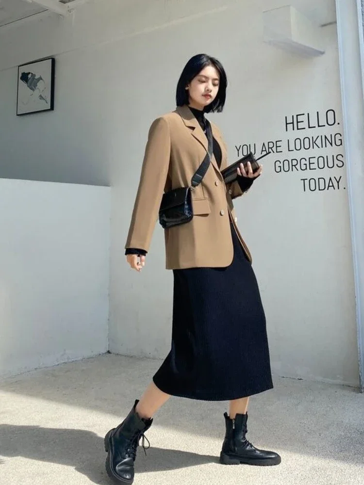 

Women's Loose Double Breasted Vintage Street Style Blazer 2025 Spring Autumn New Korean Casual Cool Premium Student Suit Jacket