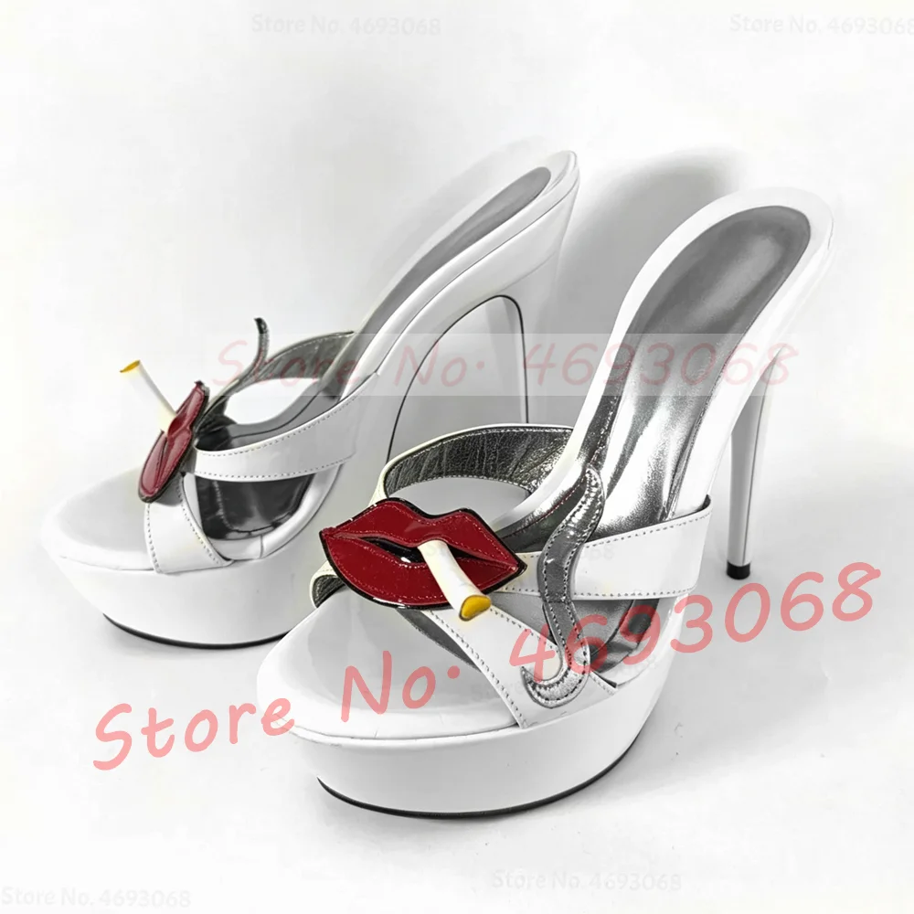 Lips Cigarette Decal Platform Mules Women Novelty Thin High Heel White Patent Slippers Female Trendy Party Open Toe Outfit Shoes