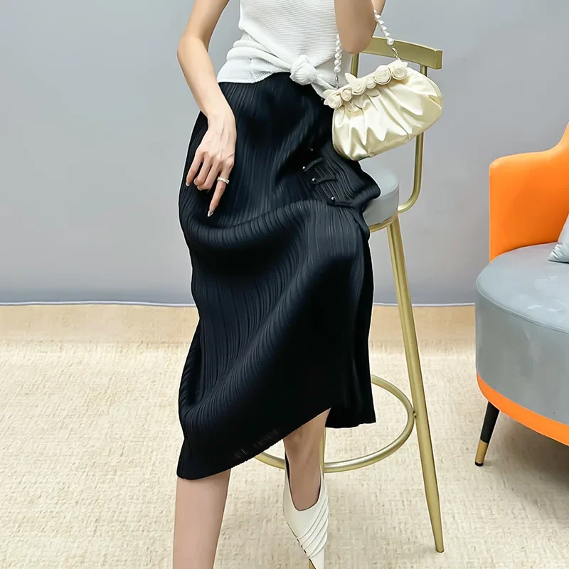 Pleats Pleated Skirt Women's Original 2024 Spring New High-end Temperament Niche Solid Split Pleated Medium-length Skirt