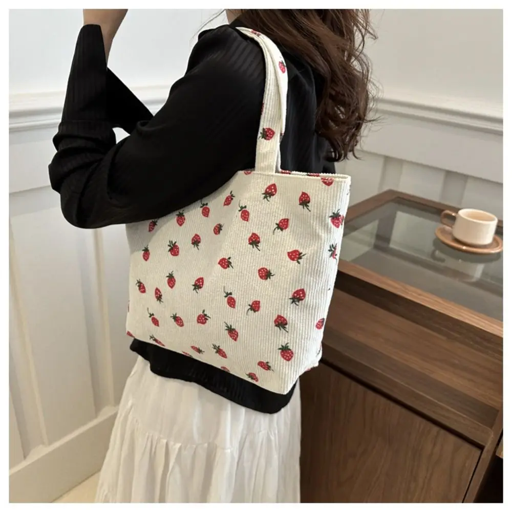 Strawberry Print Women Shoulder Bag New Corduroy Large capacity Shopping Bag Solid Color Handbag Tote Bag