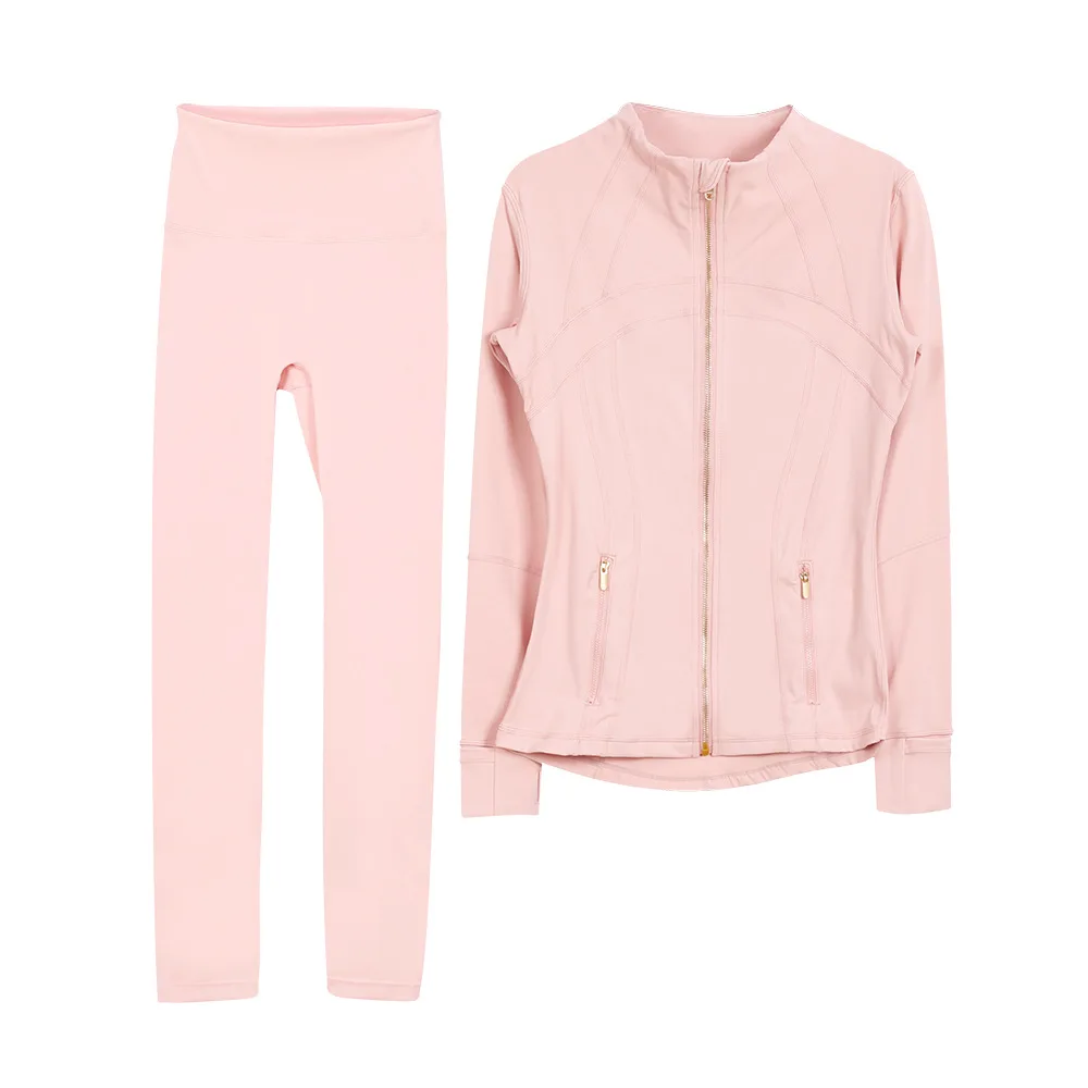 أطقم تمرين ضيقة للنساء، سترة رياضية ذهبية بسحاب وخصر عالٍ 7/8 لباس ضيق، ملابس يوجا قابلة للتنفس بأربعة اتجاهات