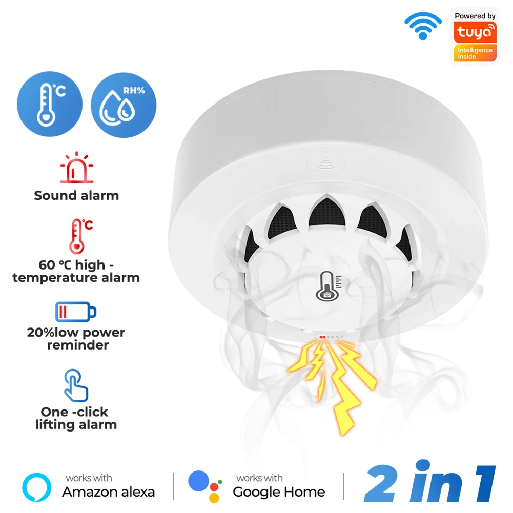 WiFi Smoke Sensor Alarm Voice Control 2.4GHz Smoke Alarm Sensor with Temperature And Humidity Sensor for Kitchen Security