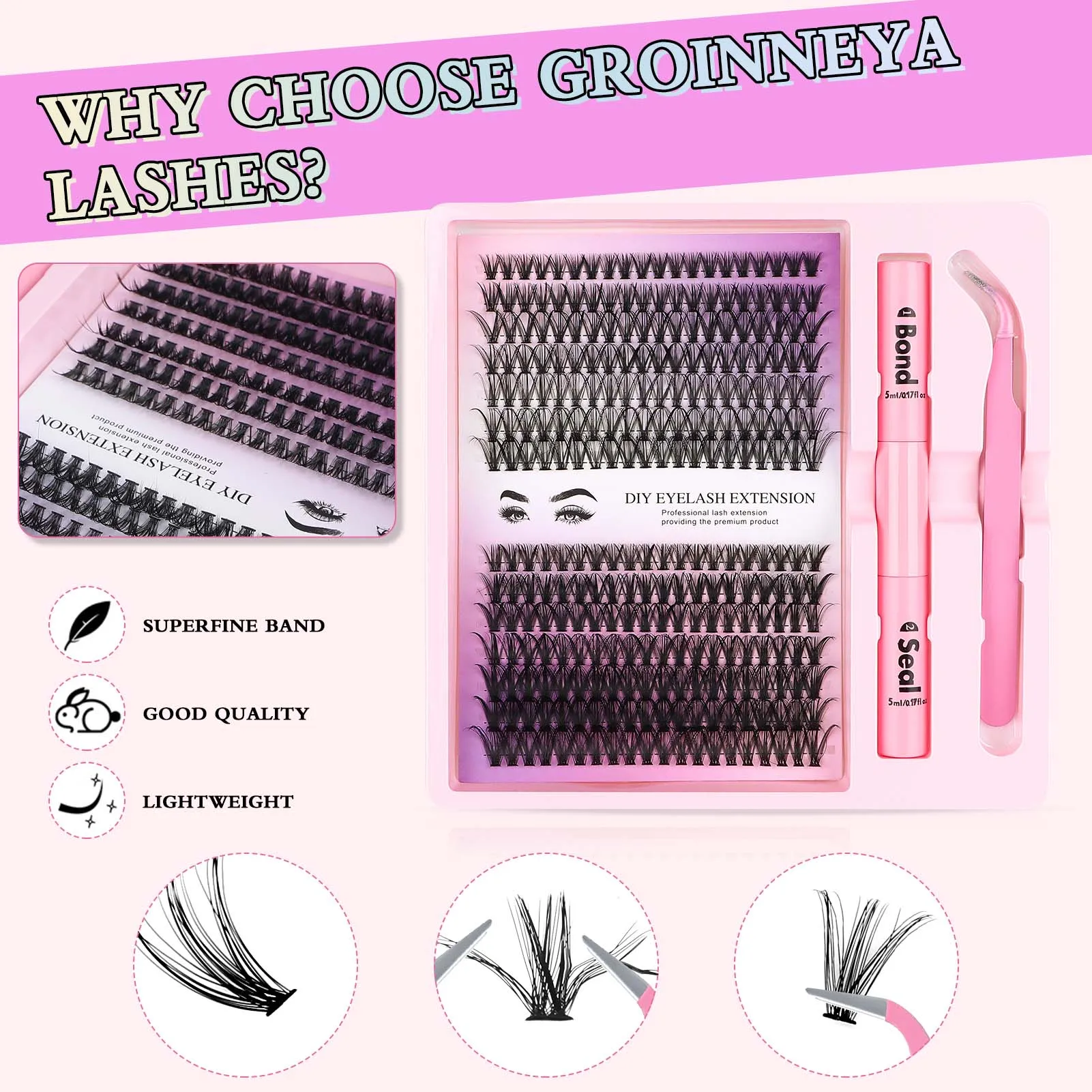 30D 40D DIY Individual Lashes Clusters Kit 9-16mm Mixed False Eyelash Extension Kit D Curl Thick with Bond and Seal Tweezers