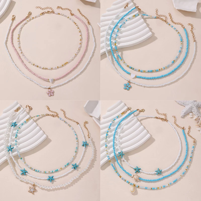 Bohemian Multilayer Rice Bead Chain Clavicle Necklace Vintage Acrylic Turtle Starfish Shell Pendant Choker Women's Beach Jewelry