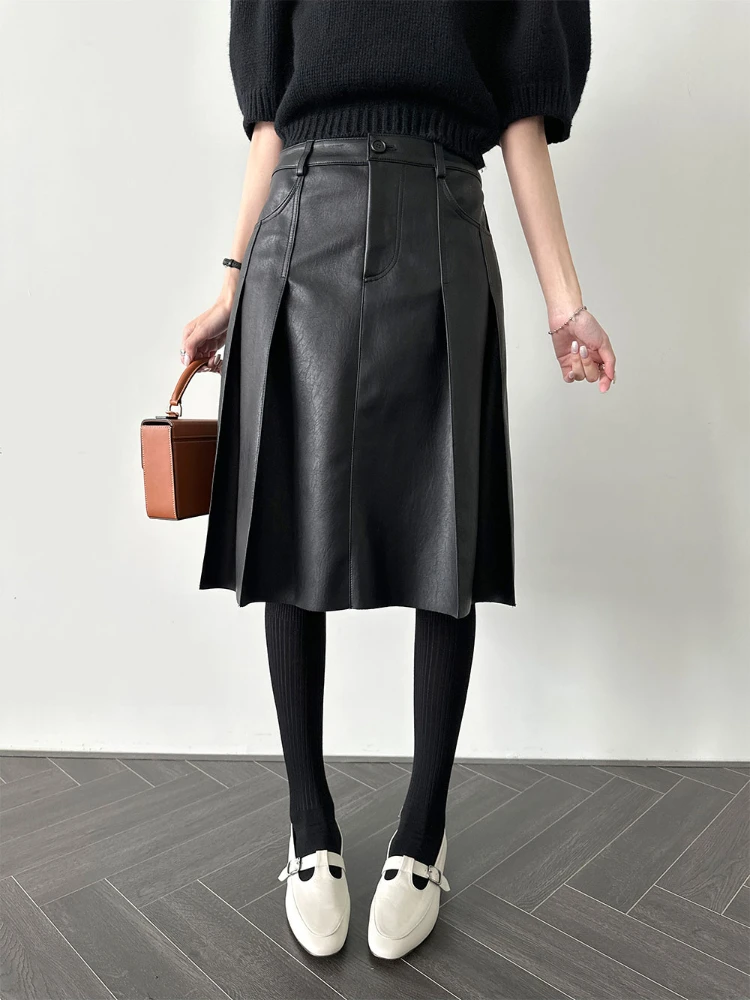 Korobov Korean Fashion Long Skirts Women Autumn Vintage High Waist Pockets Skirt Casual All Match BLack Pleated Pu Faldas Mujer