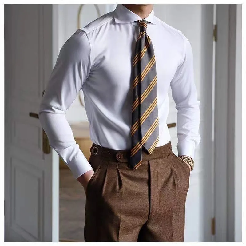 Premium Boat Neck Mens Shirt Slim Fit Business Casual Long Sleeve Non Iron Wrinkle Free Comfort Plus Size Men Dress Shirt