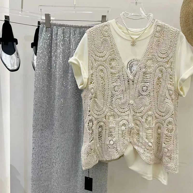 Gilet pour femme, design coloré, confortable et élégant, décontracté, crochet fleuri, été, nouveau, polyvalent, haut ajouré