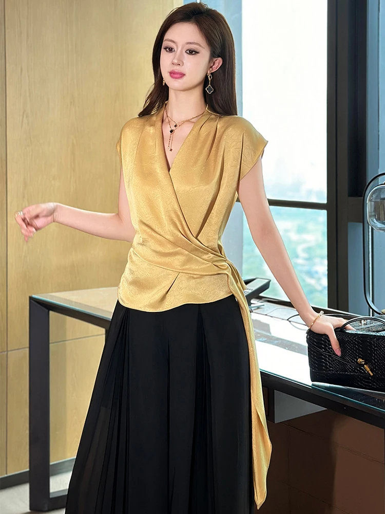 

Women's French Elegant Professional Shirt Feminine Casual Ribbon Folds Loose Tops Female Party Work Blouse Sweet Clothes Mujer