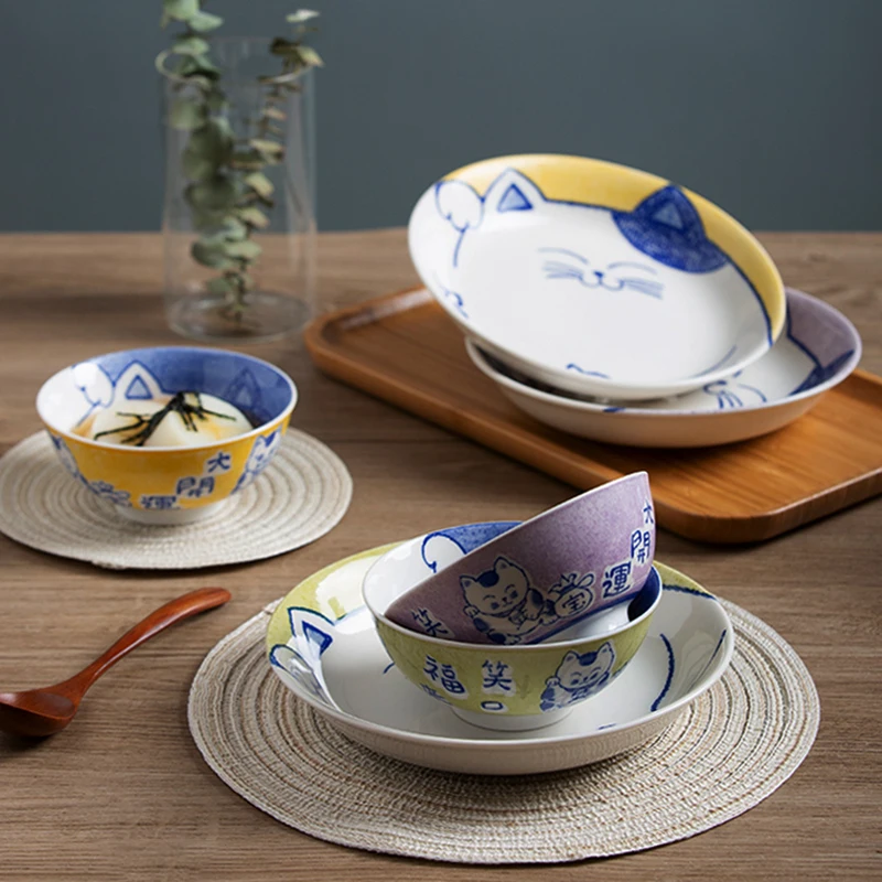 Cartoon Kitten Dinner Plate and Bowl Set Ceramic Lucky Cat Serving Dish, 8 Inch Pasta Plate, 5 Inch Rice Salad Bowl