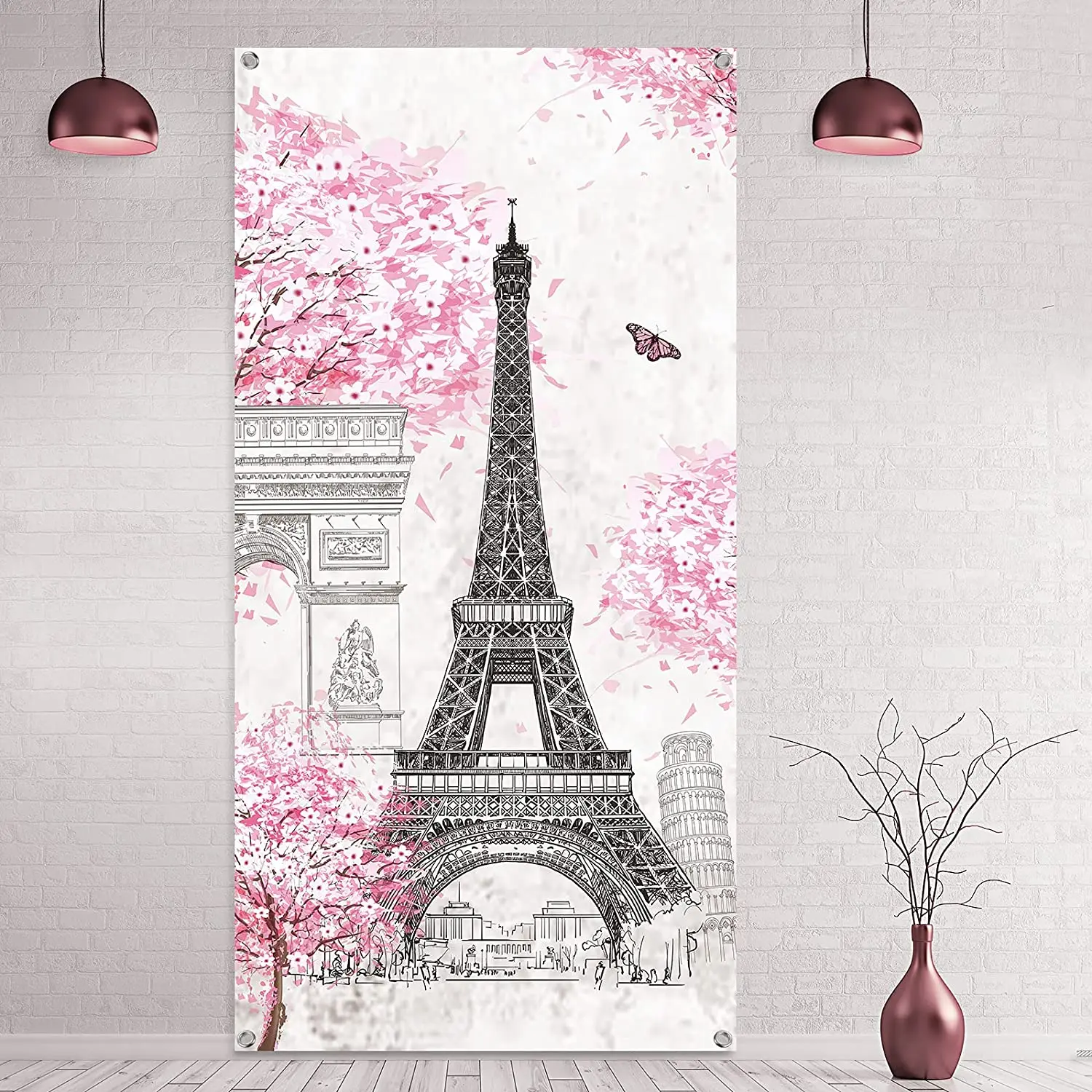 Pink Paris Eiffel Tower Photography Backdrop Eiffel Tower Background Banner Paris Pink Tree For Girl's Bedroom Decoration