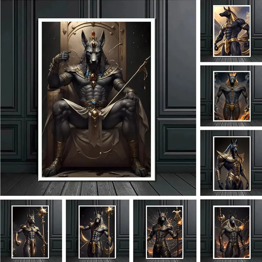 Ancient Egyptian Fantasy Mythology The God Anubis Golden Portrait Posters Print Canvas Painting Wall Art Picture Room Home De