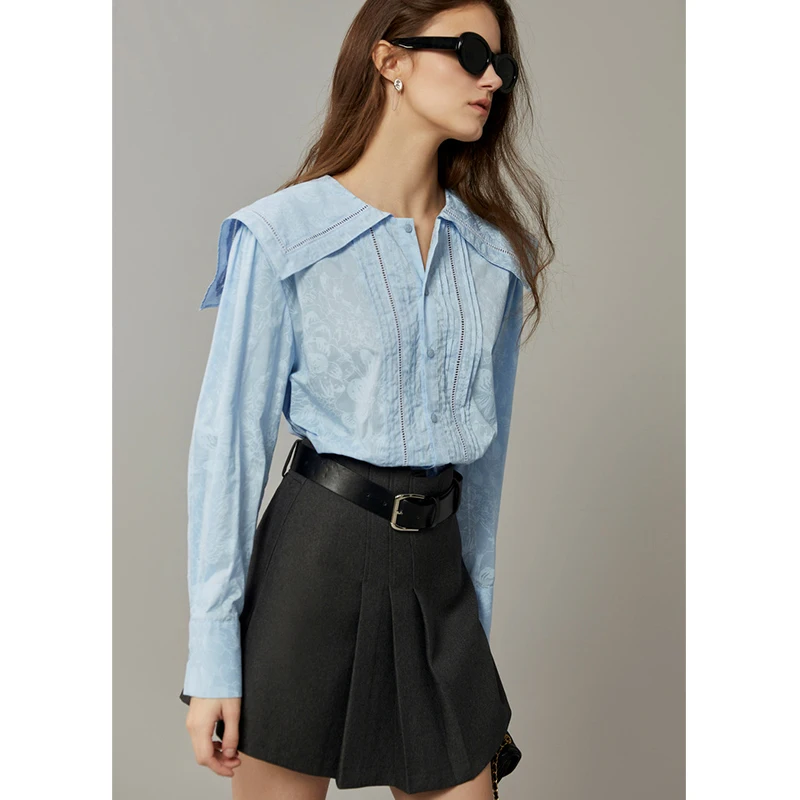 Długi rękaw, bawełniana bluzka wyszczuplająca z granatowym kołnierzykiem, plisowana, zapinana na jeden guzik, koreańska elegancka bluzka jedwabna do pracy dla kobiet.