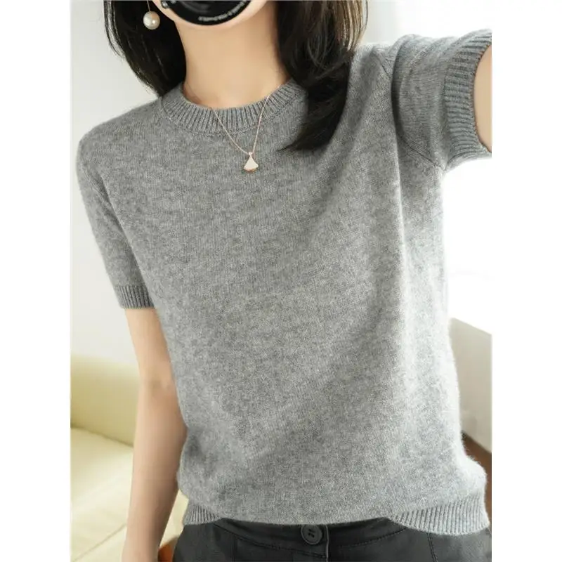 Summer Women's Knitted T-irt Outerwear Wool Camere Loose ort Sve round Ne f Sve New Sle Thin Version