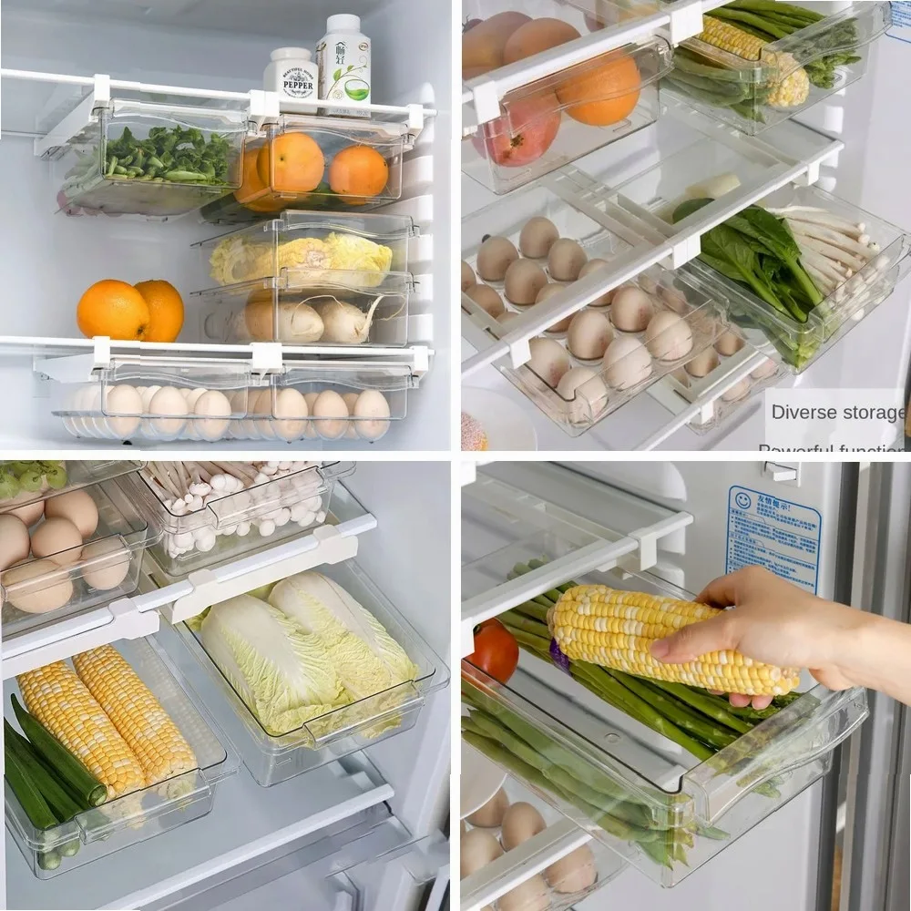 

2-Pack Sliding Refrigerator Drawer Organizer, Plastic Food Storage Container with Shelf Support