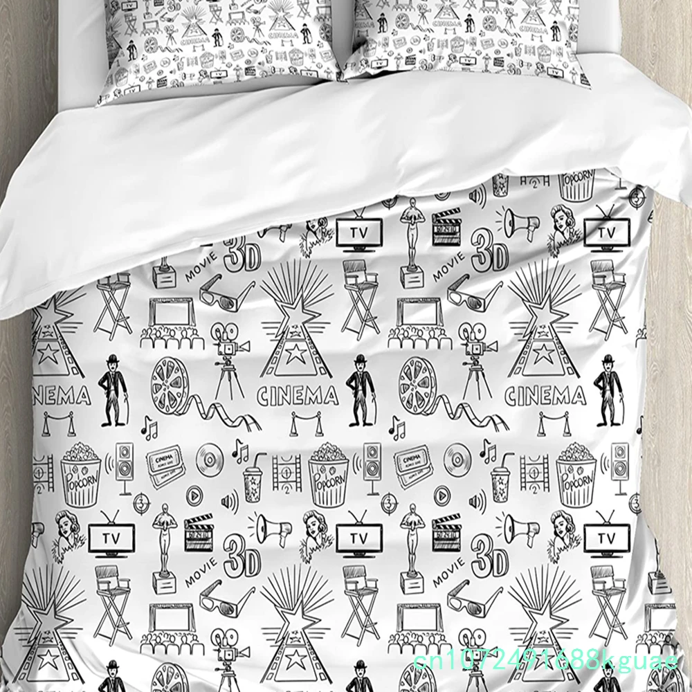 Movie Theater Bedding Set For Bedroom Bed Home Vintage Cinema Poster Design With Grunge Ef Duvet Cover Quilt Cover Pillowcase